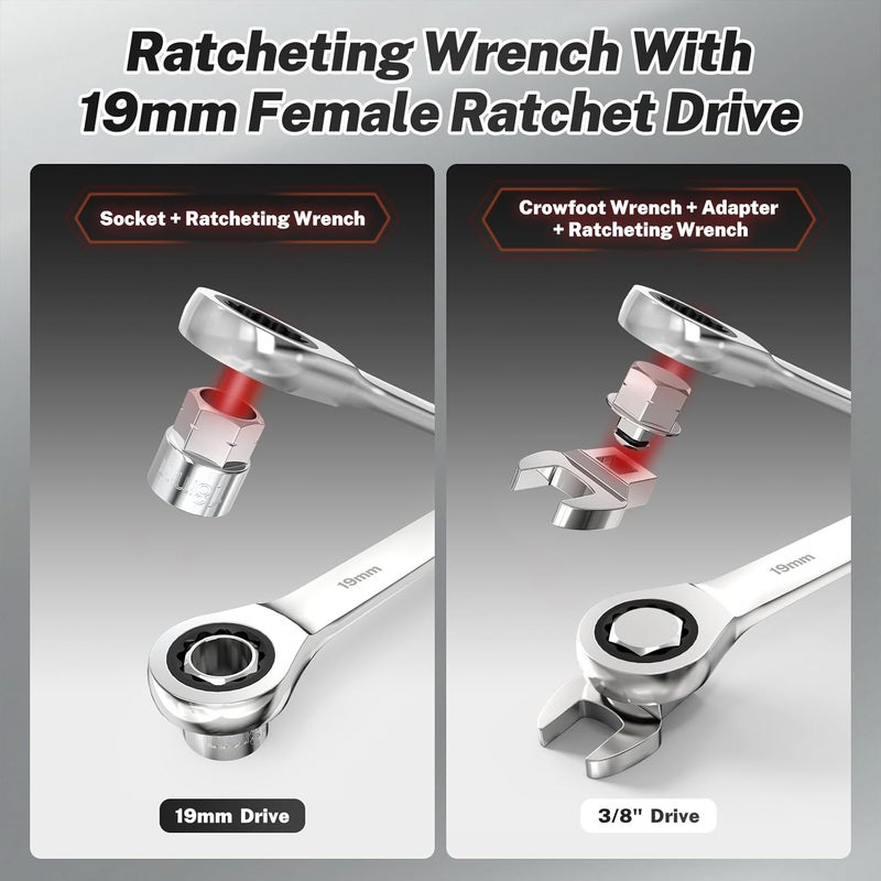 BILITOOLS 15-Piece Universal Serpentine Belt Tool Set,Belt Tensioner Tool Kit with Ratcheting Wrench, Crowfoot Wrenches, Socket Adapters.19 mm and 7/8'' ratchet drive. - Image 4